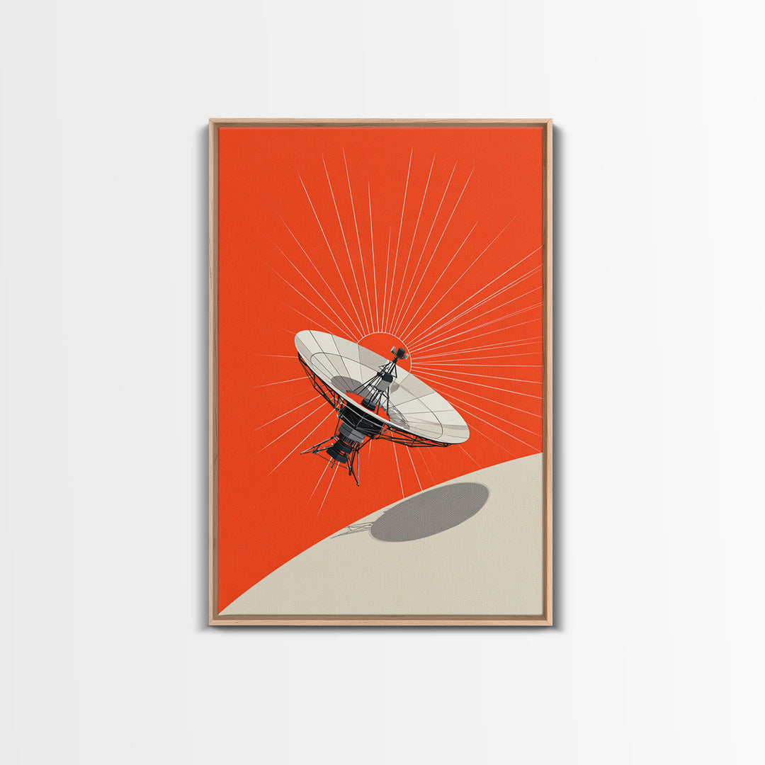 Satellite Dish Over Orange Planet Framed Canvas Print, Retro Space Wall Art, Modern Sci Fi Poster, Bold Office Decor Gift