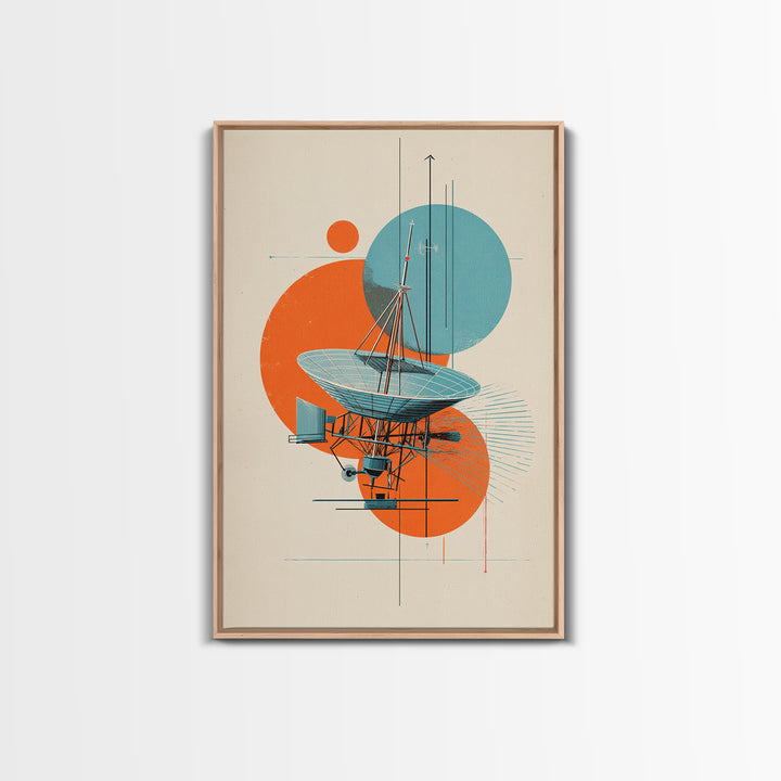 Abstract Radio Telescope With Orange Teal Circles Wall Art, Bauhaus Midcentury Modern Poster, Geometric Office Decor Print