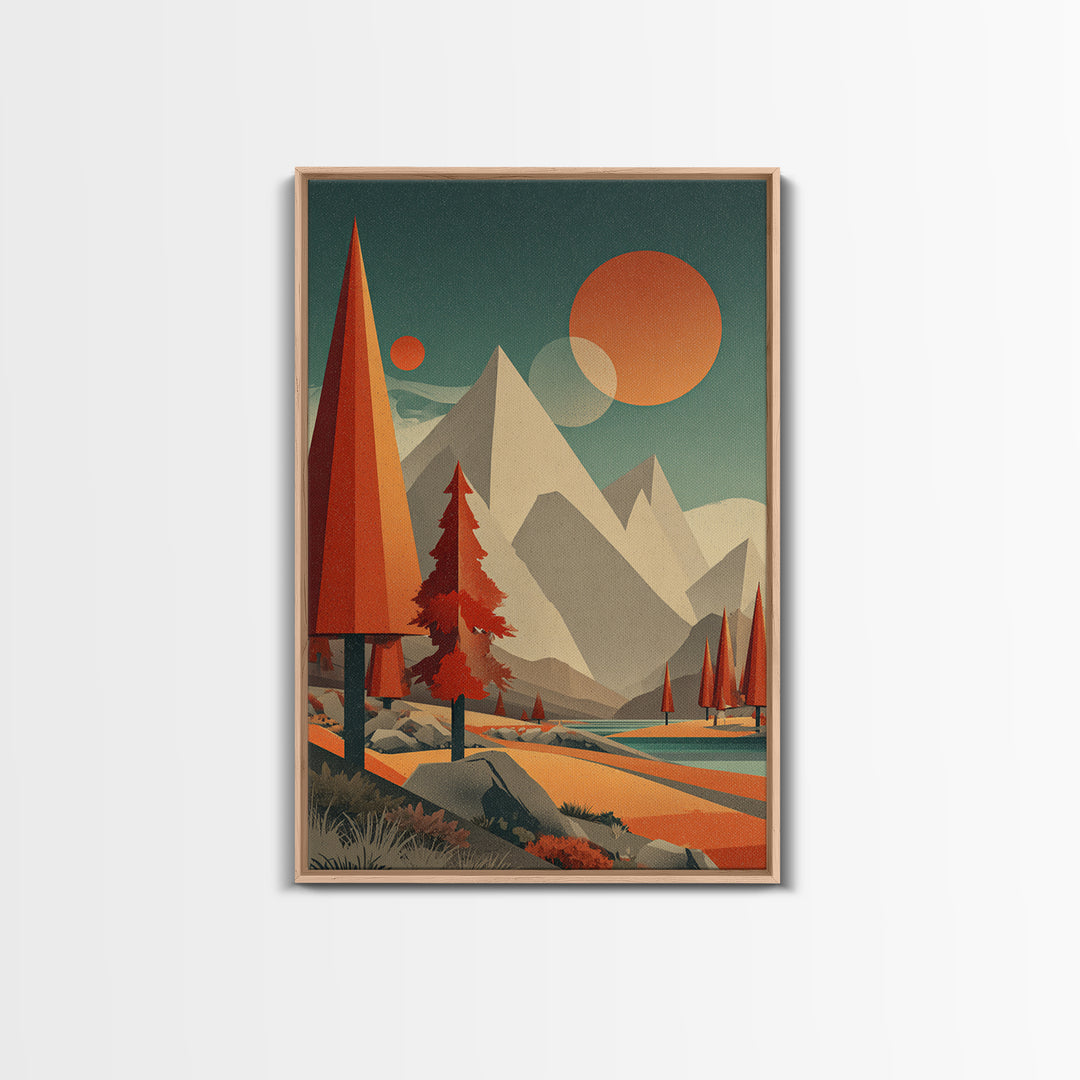 Pyramid Peaks And Orange Suns Framed Canvas Print, Midcentury Modern Alpine Landscape, Retro Mountain Lake Wall Decor For Cabin Living Room