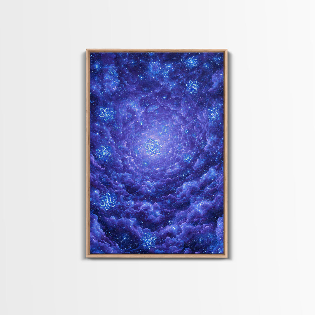 Purple Cosmic Clouds With Atom Symbols Wall Art, Retro Sci Fi Space Poster, Modern Abstract Art, Blue Art Print, Dorm Decor