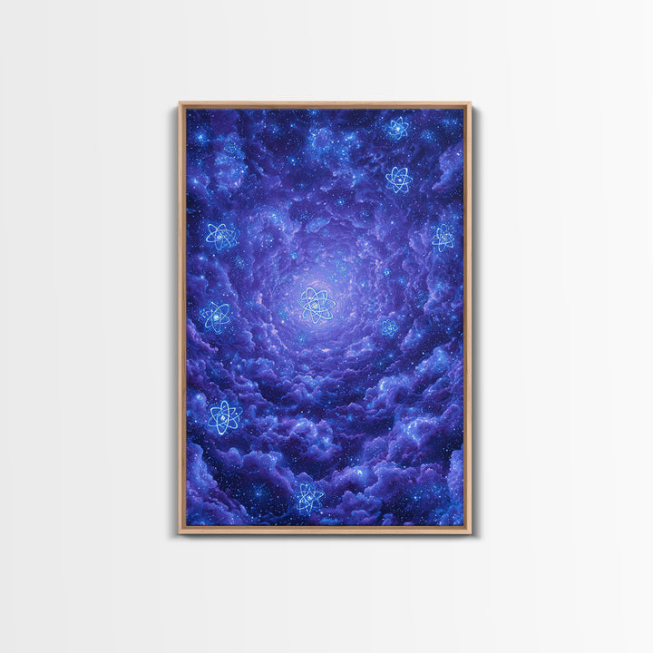 Purple Cosmic Clouds With Atom Symbols Wall Art, Retro Sci Fi Space Poster, Modern Abstract Art, Blue Art Print, Dorm Decor