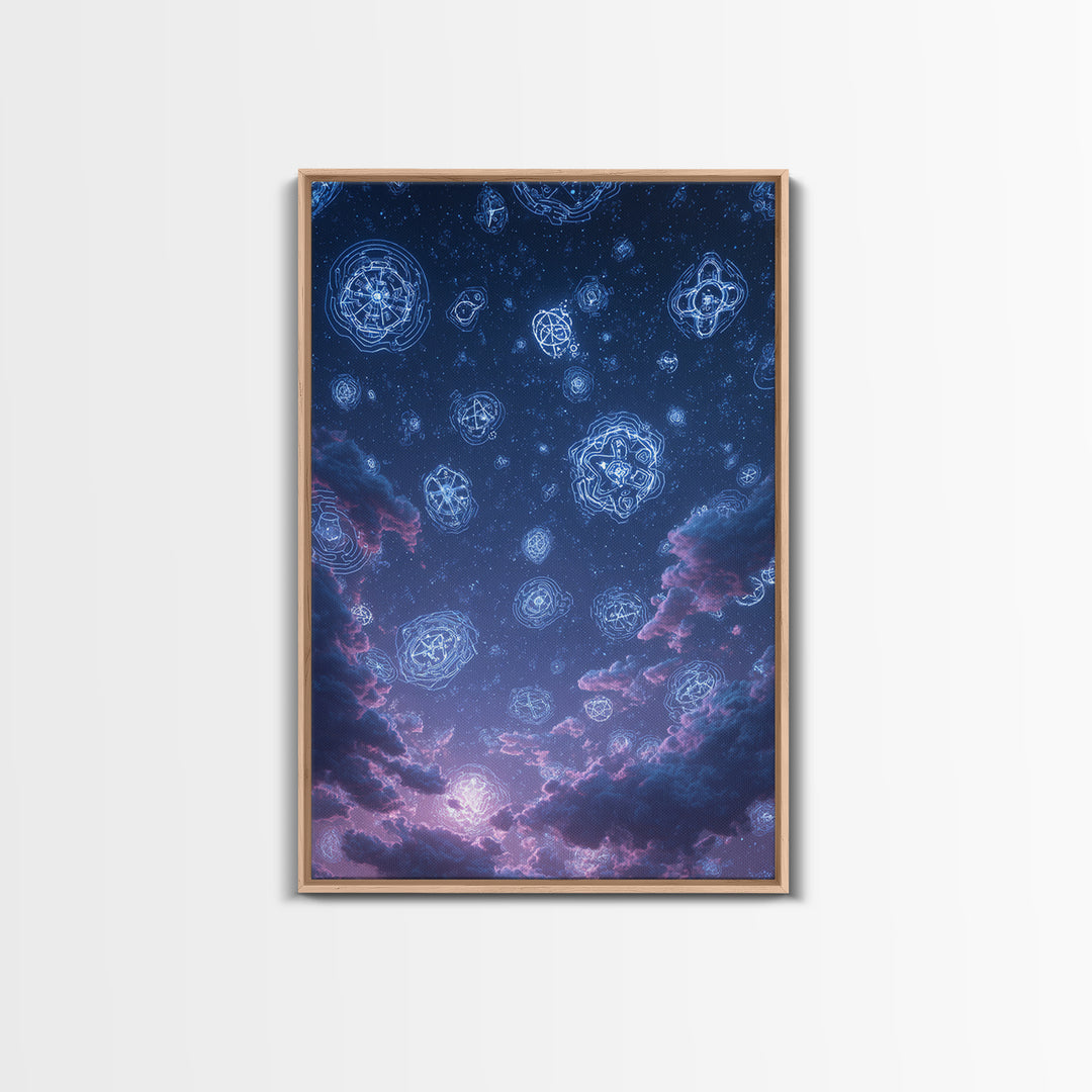 Glowing Celestial Glyphs In Starry Clouds Wall Art, Mystical Space Abstract Poster, Modern Wall Decor, Blue Cosmic Art Print