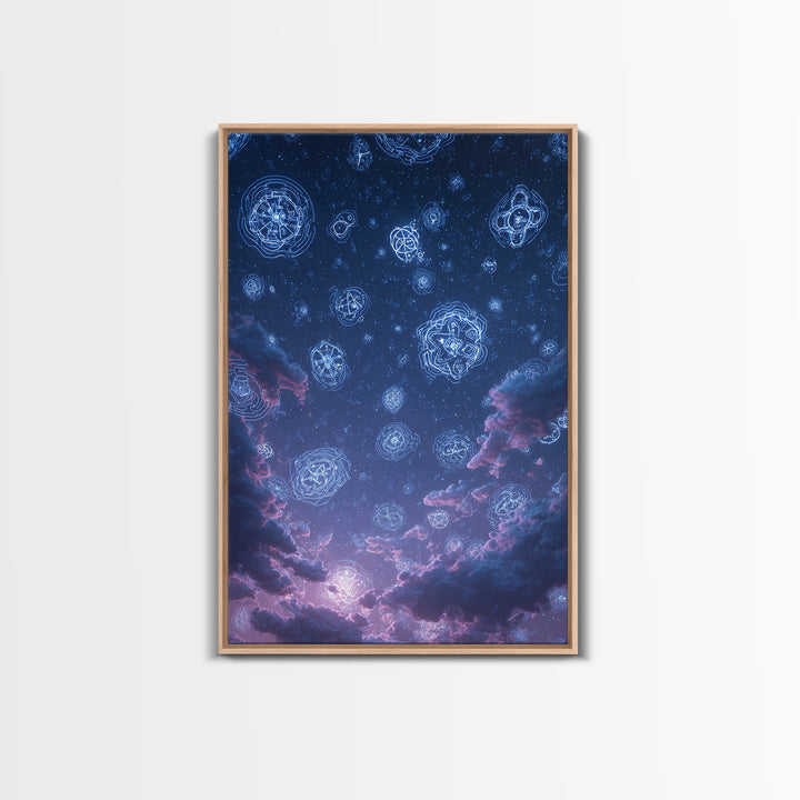Glowing Celestial Glyphs In Starry Clouds Wall Art, Mystical Space Abstract Poster, Modern Wall Decor, Blue Cosmic Art Print