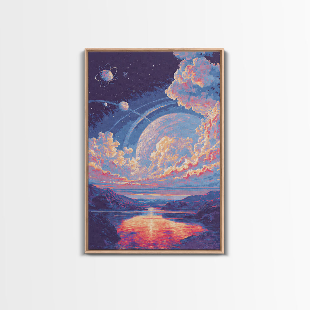 Pastel Planet Lake Under Ringed Sky Framed Canvas Print, Sci Fi Landscape Wall Art, Modern Digital Art, Dreamy Room Decor