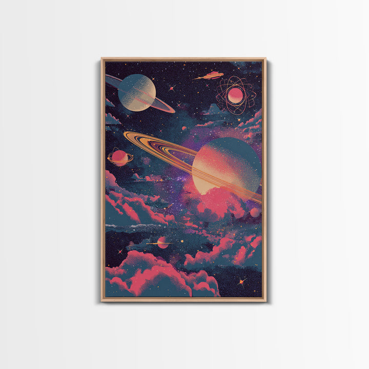Neon Saturn Planets Above Pink Clouds Framed Canvas Print, Retro Space Poster, Modern Wall Art, Cosmic Home Decor, 70s Art Print