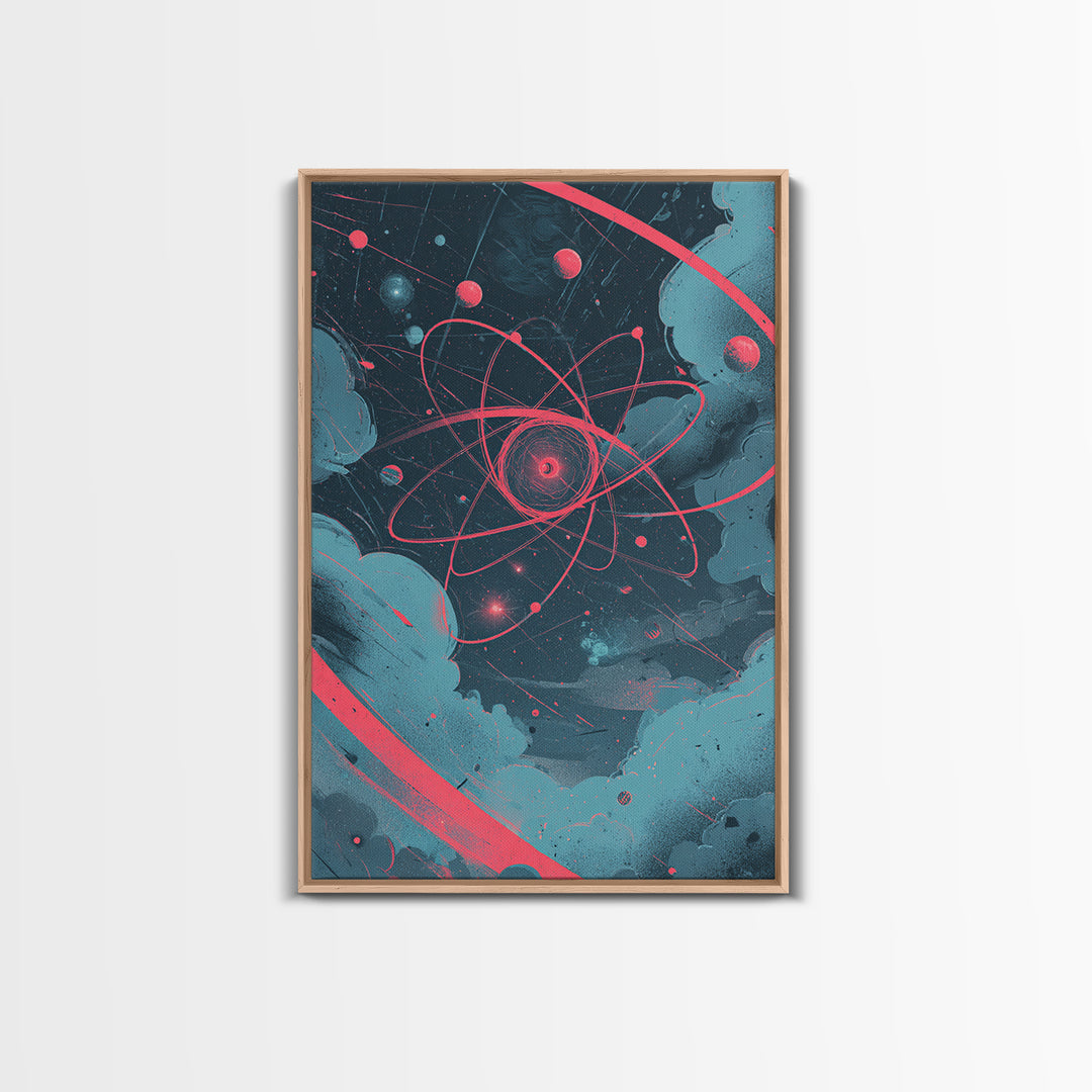 Neon Pink Atom Orbit In Teal Space Canvas Print, Atomic Retro Poster, Modern Abstract Art, Geometric Wall Decor, Mcm Artwork