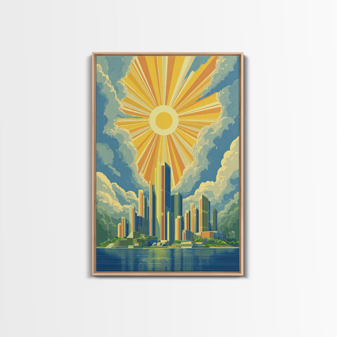 Radiant Futuristic City Sunrise Wall Art, Midcentury Modern Art Print, Retro Skyline Poster, MCM Wall Decor, Living Room Decor