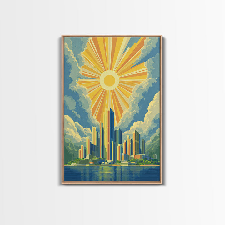 Radiant Futuristic City Sunrise Wall Art, Midcentury Modern Art Print, Retro Skyline Poster, MCM Wall Decor, Living Room Decor