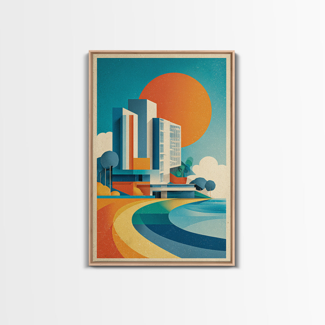 Geometric Modern Building Sunrise Canvas Print, Midcentury Modern Wall Art, Color Block Poster, Bright Abstract Home Decor