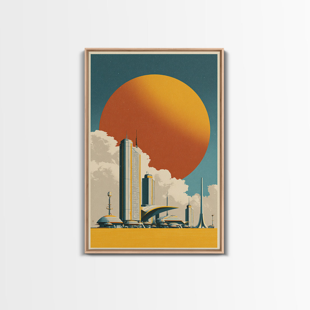 Futuristic City Under Orange Sun Framed Canvas Print, Midcentury Modern Wall Art, Retro Sci Fi Poster, Living Room Decor
