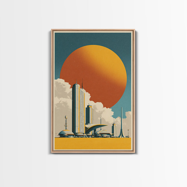 Futuristic City Under Orange Sun Framed Canvas Print, Midcentury Modern Wall Art, Retro Sci Fi Poster, Living Room Decor