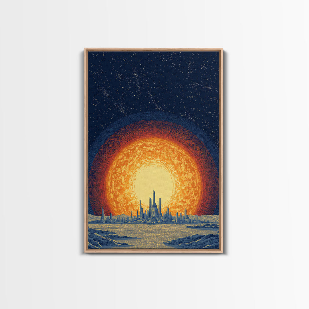 Blazing Solar City At Night Wall Art, Futuristic Midcentury Modern Art Print, Cosmic Retro Poster, Sci Fi Wall Decor, Office Decor