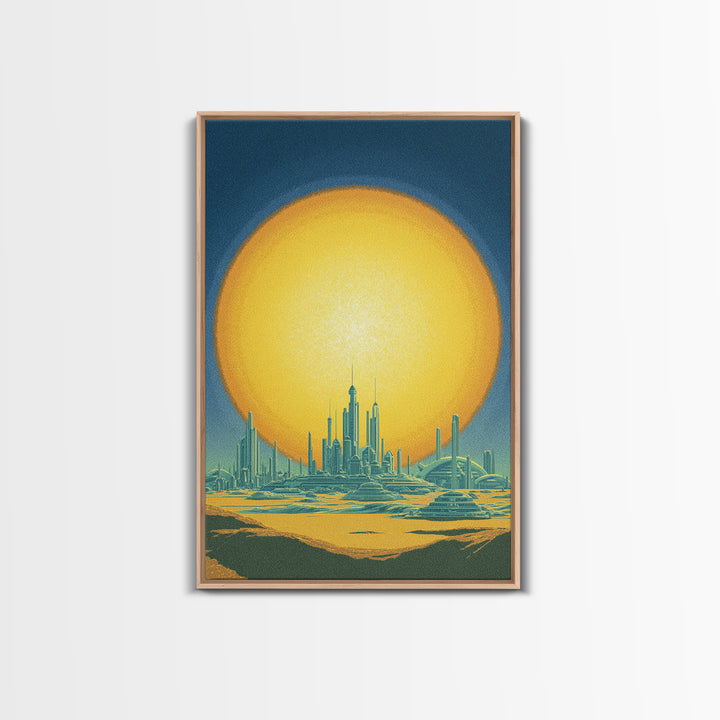 Golden Sun Futuristic Desert Skyline Canvas Print, Midcentury Modern Wall Art, Retro Sci Fi Poster, Modern Living Room Decor