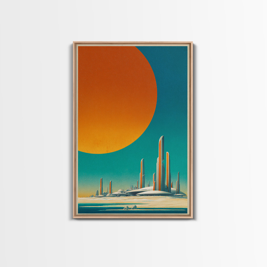 Minimalist Future Towers With Giant Sun Wall Art, Midcentury Modern Art Print, Retro Sci Fi Poster, Abstract Desert Decor