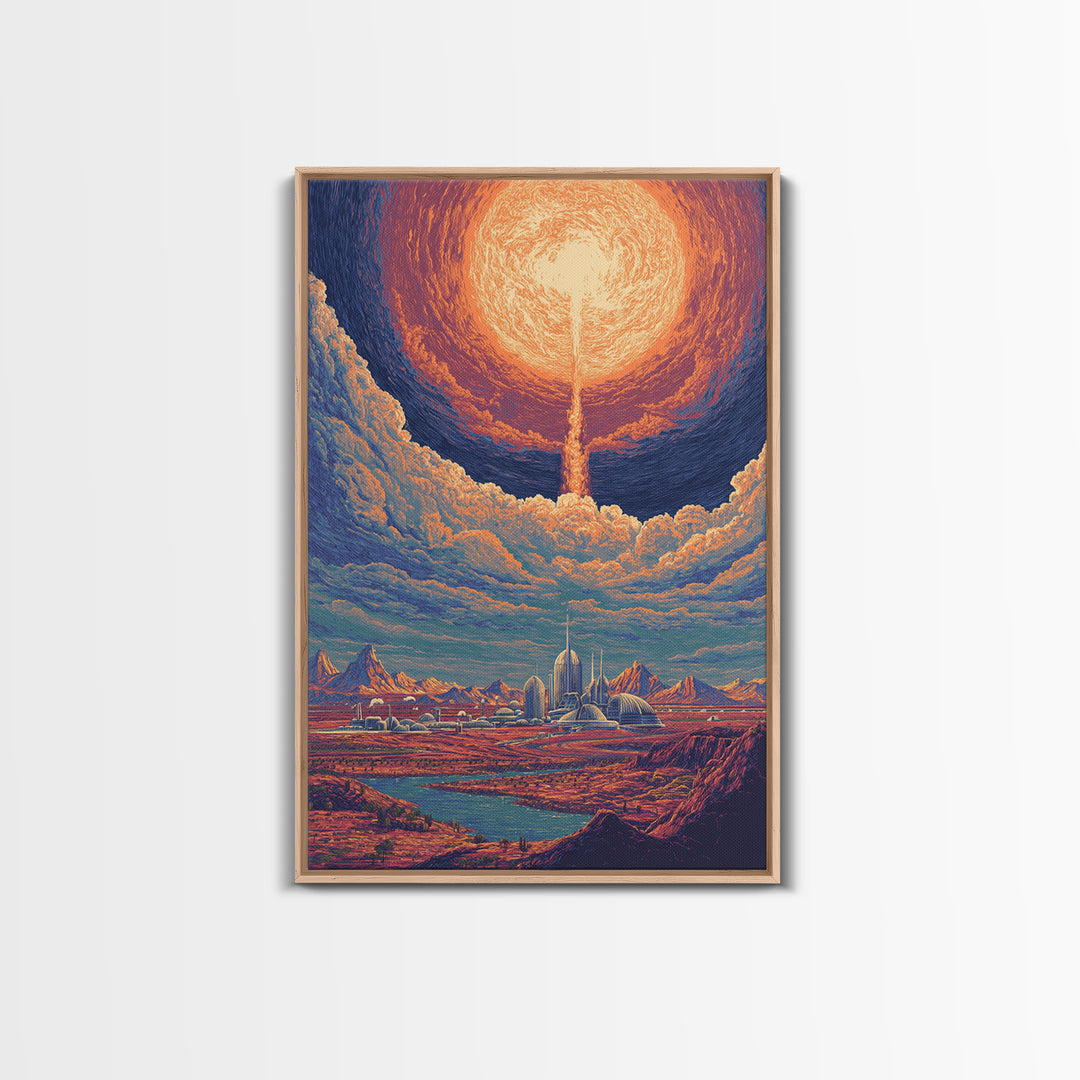Radiant Solar City And Desert Canyon Wall Art, Retro Sci Fi Landscape Poster, Midcentury Modern Decor, Futuristic Art Print