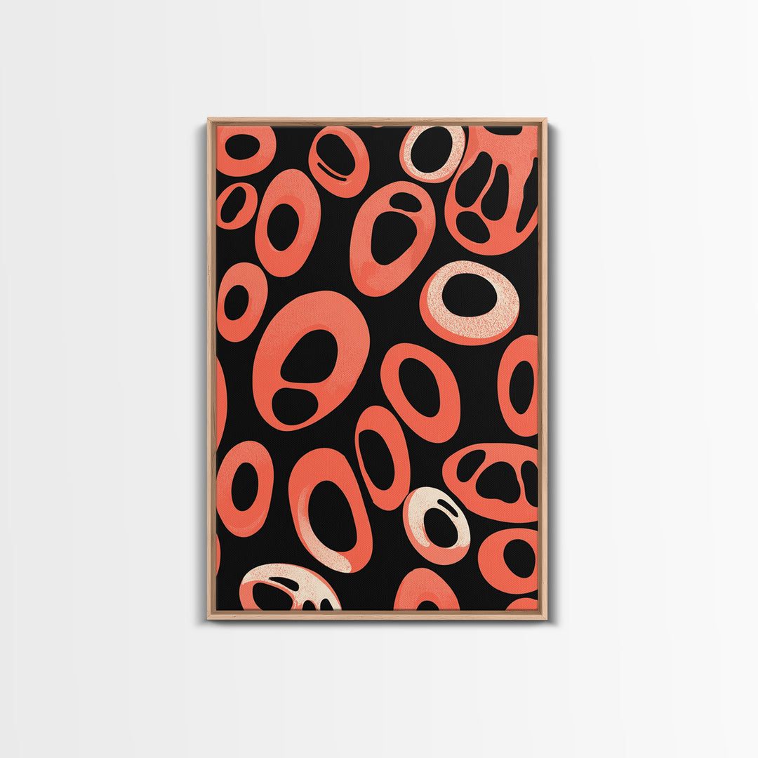 Coral Oval Rings On Black Canvas Print, Bold Retro Abstract Poster, Midcentury Modern Decor, Orange Geometric Wall Art Print