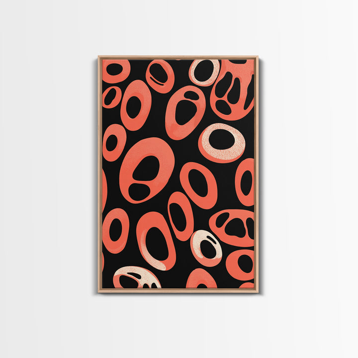 Coral Oval Rings On Black Canvas Print, Bold Retro Abstract Poster, Midcentury Modern Decor, Orange Geometric Wall Art Print