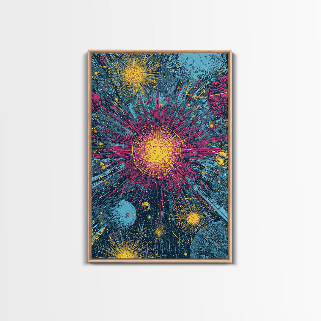 Exploding Stars And Planets Wall Art, Colorful Cosmic Retro Poster, Space Abstract Art, Midcentury Modern Decor Print Gift