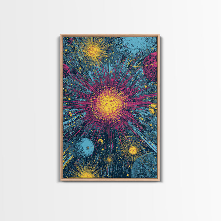 Exploding Stars And Planets Wall Art, Colorful Cosmic Retro Poster, Space Abstract Art, Midcentury Modern Decor Print Gift