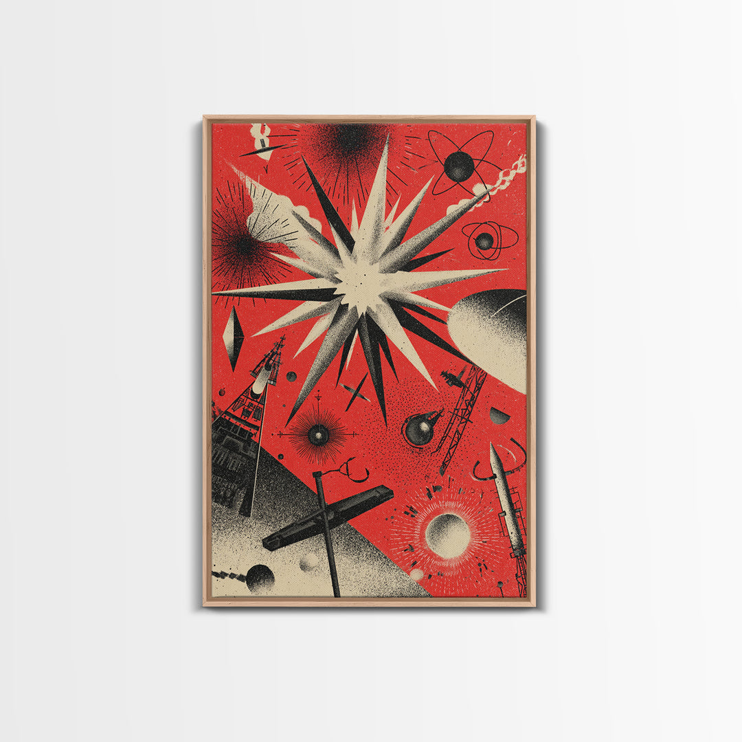 Red Atomic Starburst Space Scene Canvas Print, Retro Sci Fi Poster, Midcentury Modern Wall Decor, Futuristic Art Print Gift