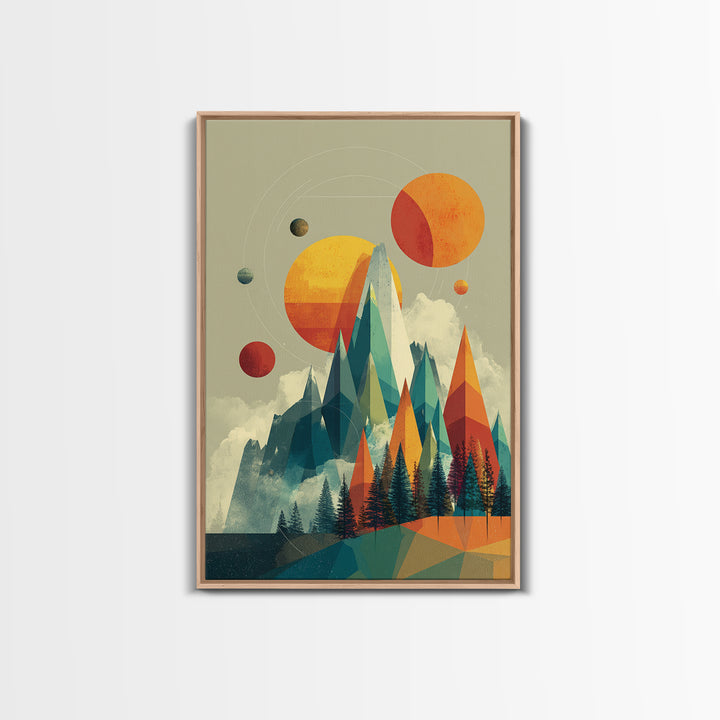 Planets Over Crystal Peaks Canvas Print, Midcentury Modern Space Mountain Wall Art, Retro Geometric MCM Decor For Living Room