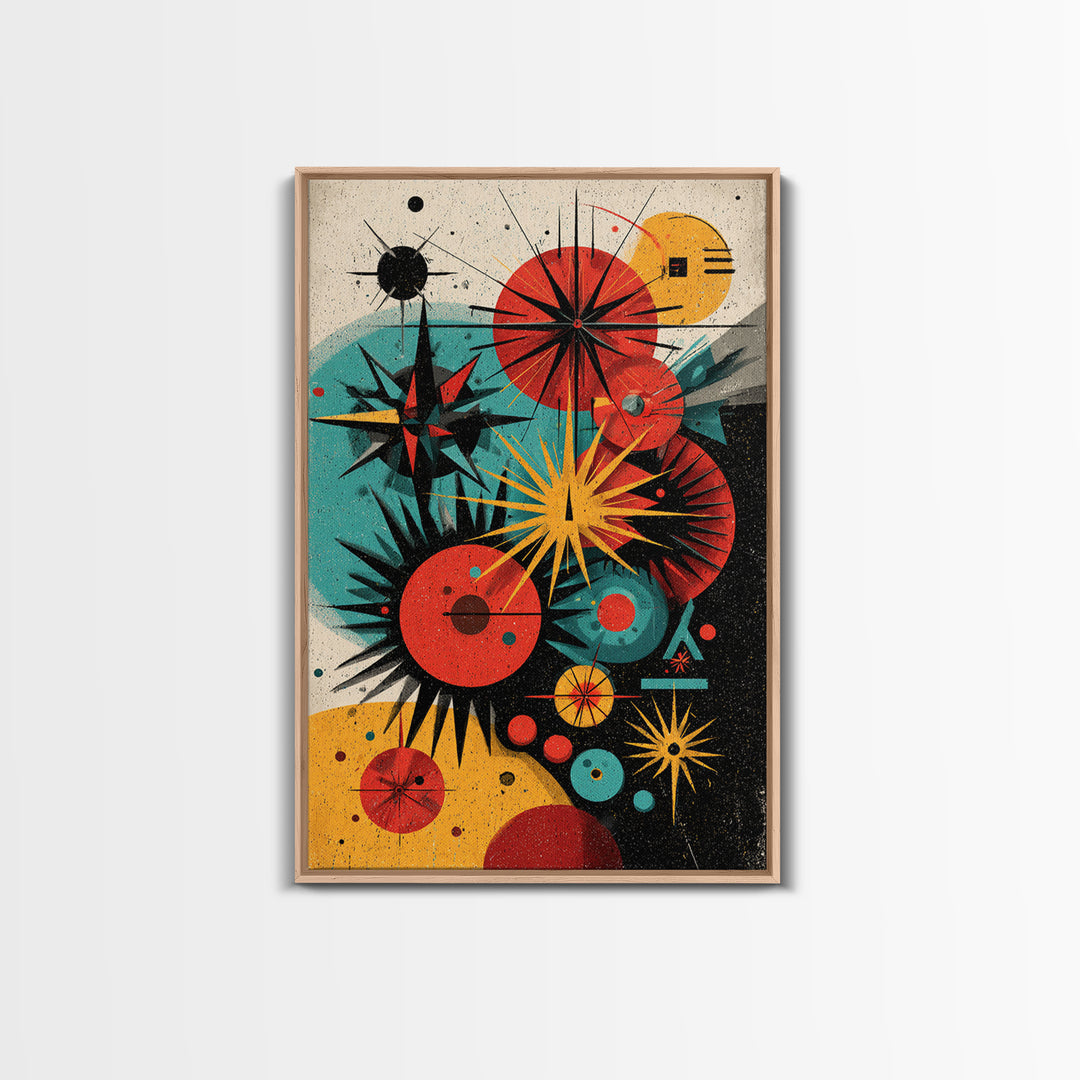 Atomic Circles And Starbursts Framed Canvas Print, Midcentury Modern Abstract Poster, Bauhaus Geometric Wall Art Decor Print