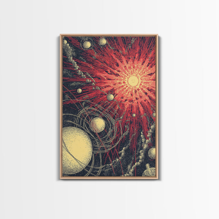 Red Cosmic Sunburst With Orbiting Planets Wall Art, Midcentury Modern Art, Retro Space Poster, Atomic Abstract Decor Prints