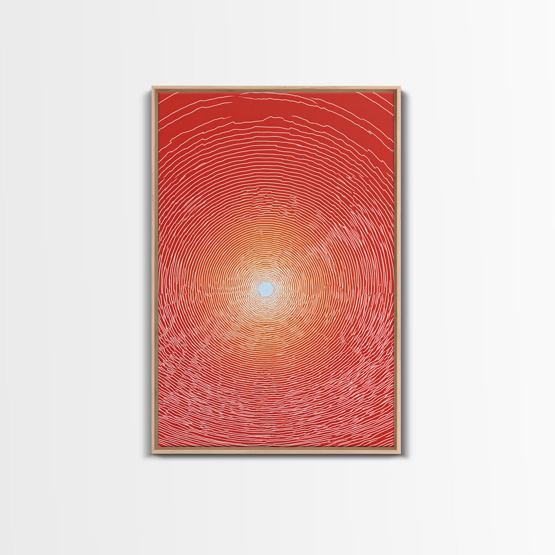 Radiant Red Concentric Sun Framed Canvas Print, Minimalist Wall Art, Modern Abstract Art, Retro Geometric Decor Poster Print