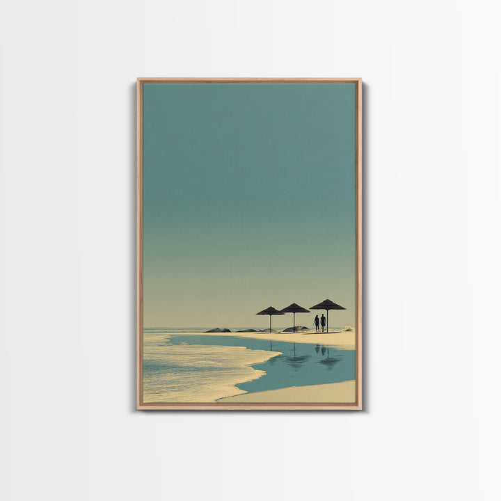 Minimal Beach Umbrellas Framed Canvas Print, Neutral Coastal Wall Art, Modern Landscape Poster, Serene Ocean Bedroom Decor