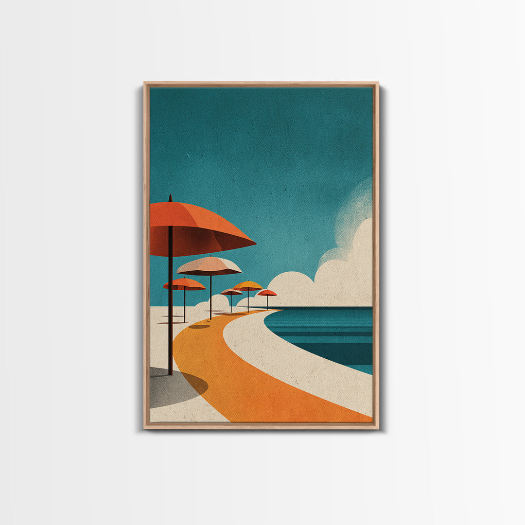 Orange Umbrella Boardwalk Canvas Print, Midcentury Modern Wall Art, Retro Beach Poster, Coastal MCM Home Decor, Palm Springs Style