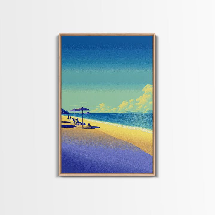 Vibrant Pixel Beach Canvas Print, Retro Travel Poster Wall Art, Coastal Modern Decor, Colorful Ocean Living Room Print Gift
