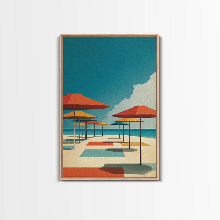 Retro Orange Beach Umbrellas Wall Art, Midcentury Modern Canvas Print, Coastal Poster, Bold MCM Living Room Home Wall Decor