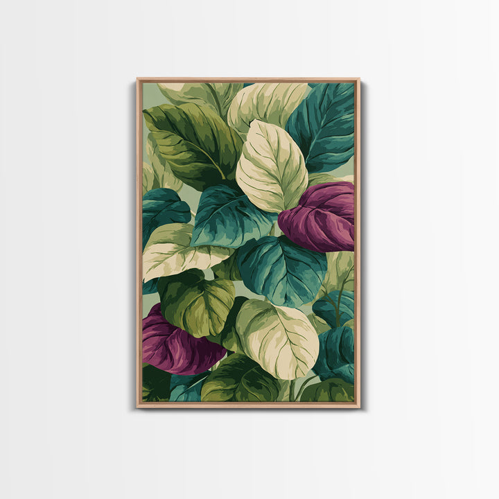 Lush Tropical Calathea Leaves Framed Canvas Print, Botanical Wall Art, Green Purple Nature Decor, Modern Home Art Prints