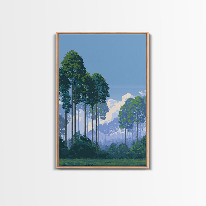 Misty Tall Pine Forest Canvas Print, Blue Sky Landscape Art, Scenic Nature Wall Decor, Modern Office Living Room Art Print