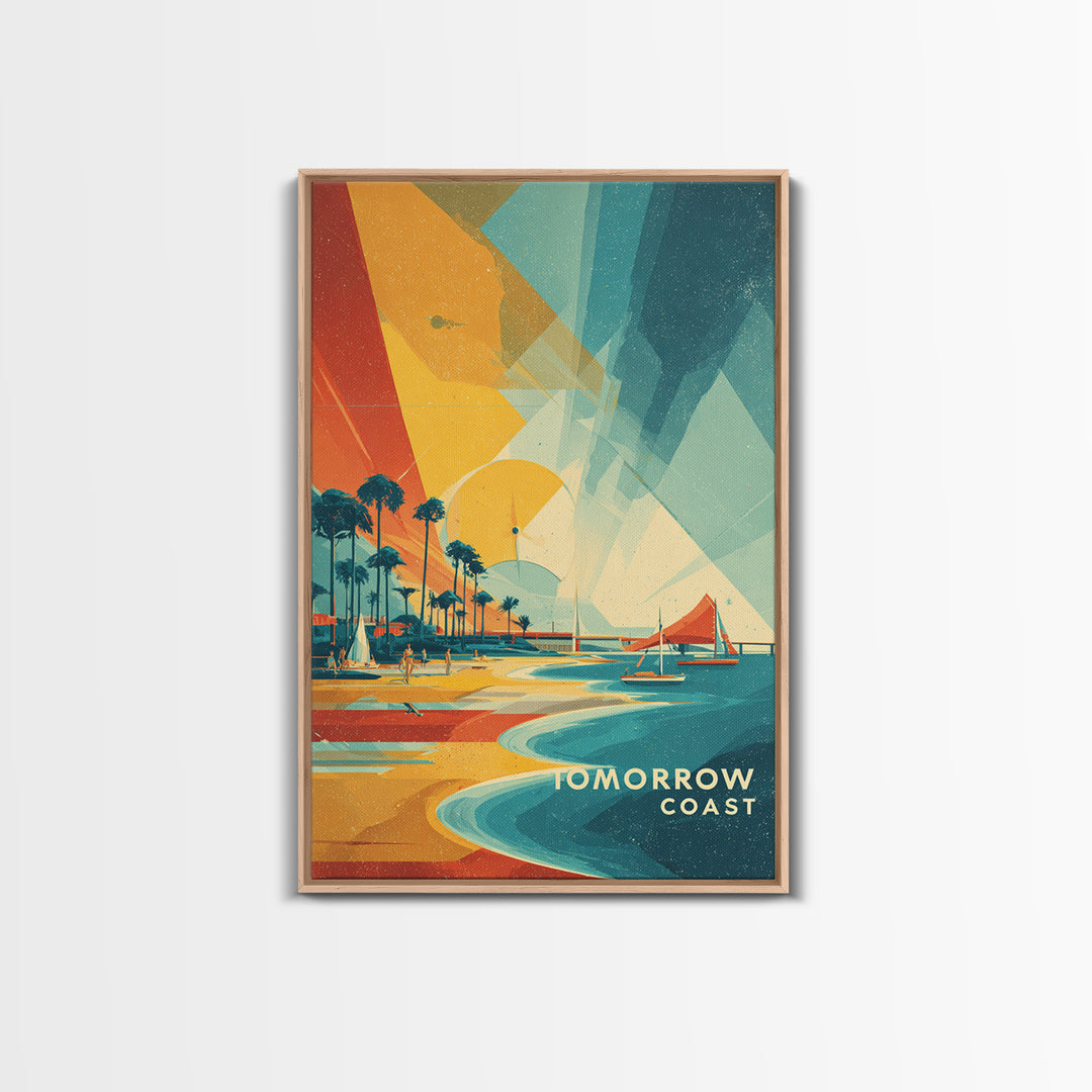 Tomorrow Coast Futuristic Beach Wall Art, Retro Travel Poster, Palm Springs Sailboat Canvas Print, Midcentury Modern Home Decor