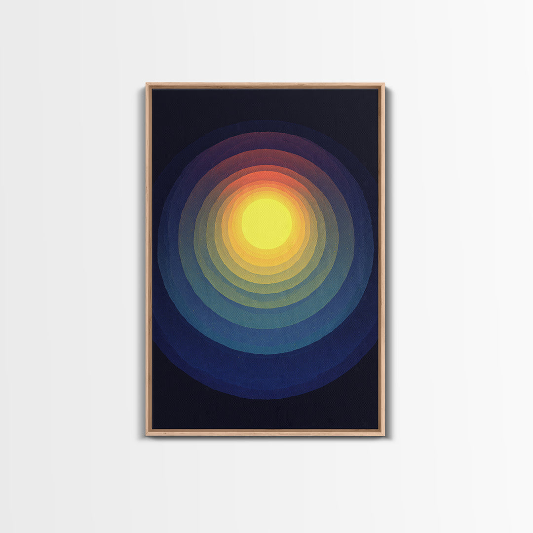 Radiant Yellow Concentric Sun Canvas Print, Midcentury Modern Art, Cosmic Abstract Wall Decor, Blue Retro Living Room Poster