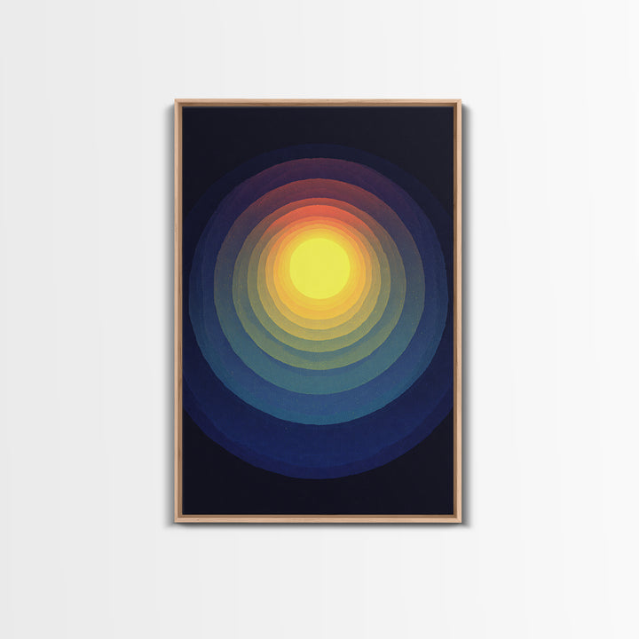 Radiant Yellow Concentric Sun Canvas Print, Midcentury Modern Art, Cosmic Abstract Wall Decor, Blue Retro Living Room Poster