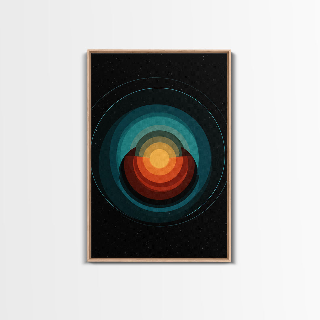 Teal Orange Eclipse Planet Framed Canvas Print, Midcentury Modern Wall Art, Space Abstract Poster, Retro MCM Home Decor Art