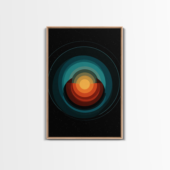 Teal Orange Eclipse Planet Framed Canvas Print, Midcentury Modern Wall Art, Space Abstract Poster, Retro MCM Home Decor Art