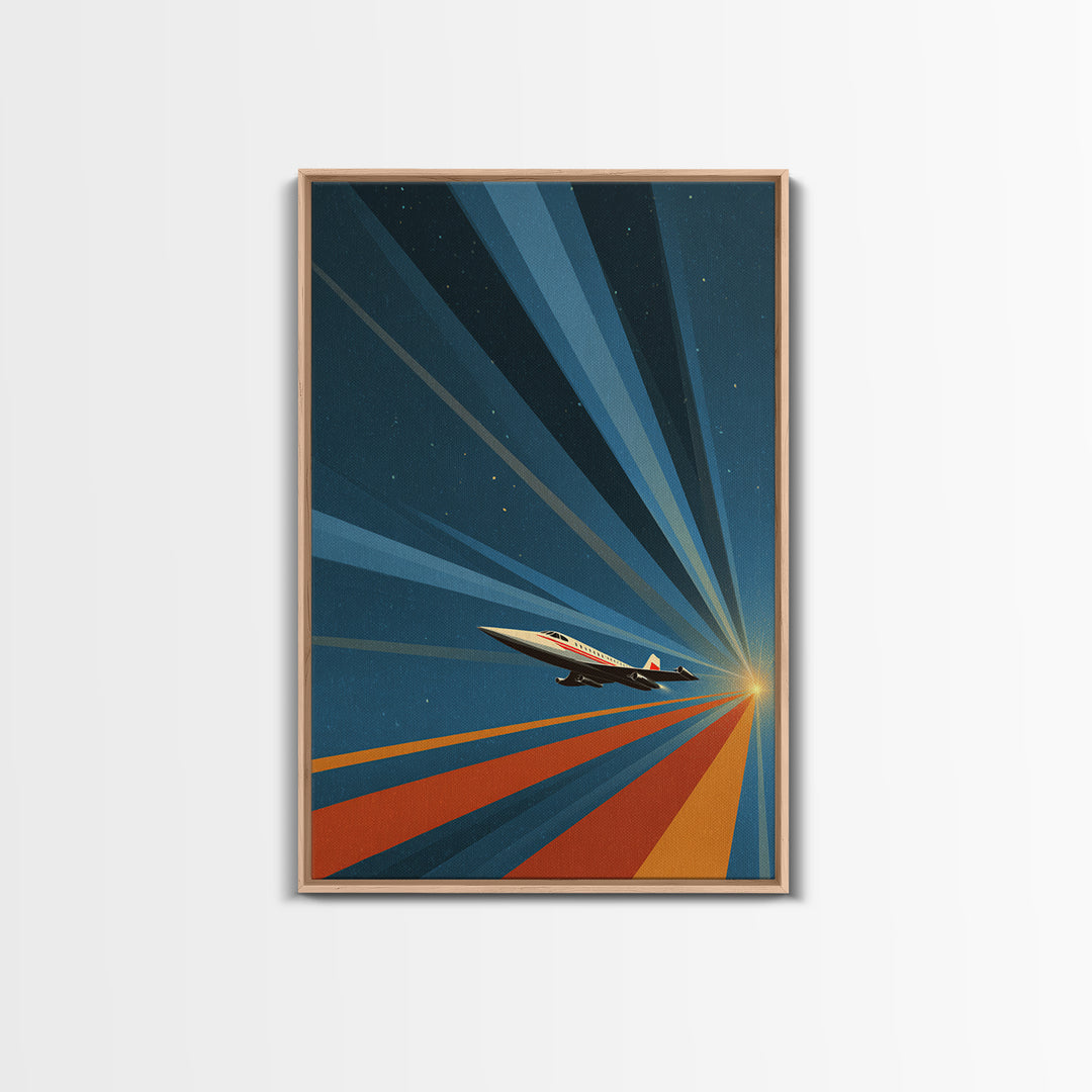 Retro Jet Plane Racing To Sunrise Canvas Print, Midcentury Modern Wall Art, Atomic Space Poster, Aviation Office Decor Gift