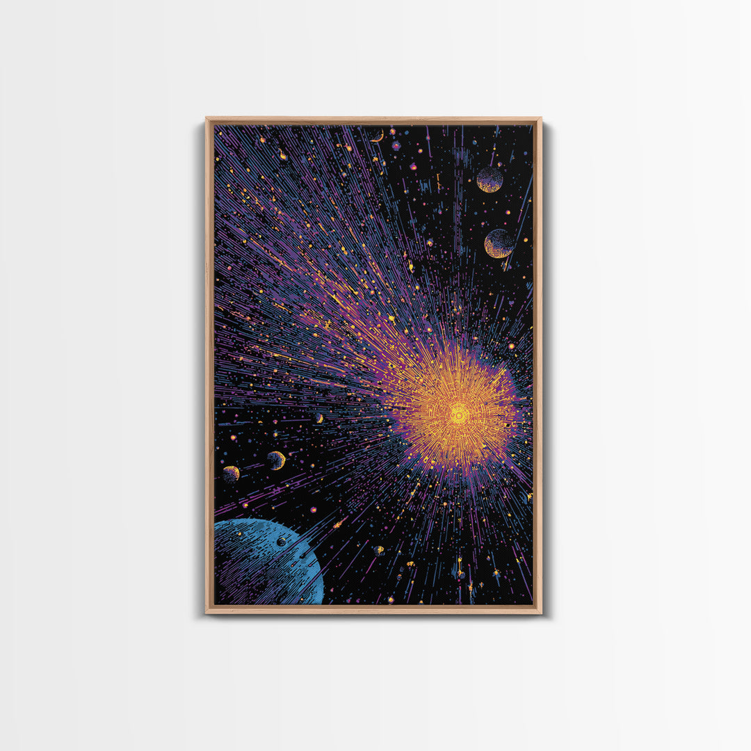 Brilliant Space Explosion With Orbiting Planets Canvas Print, Midcentury Modern Wall Art, Retro Sci Fi Poster For Office Decor