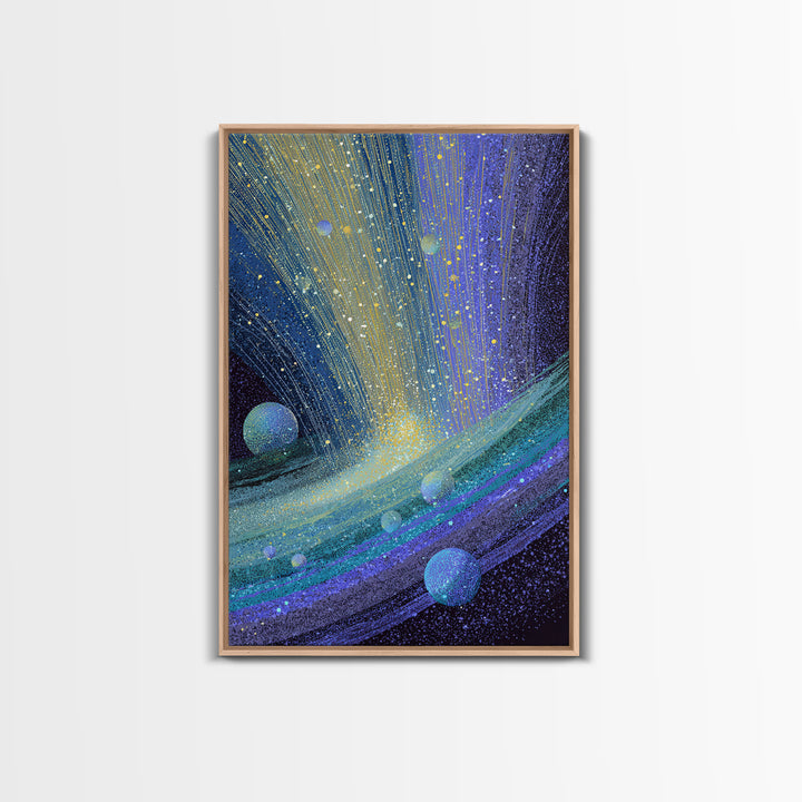 Surreal Ringed Planet With Blue Light Trails Framed Canvas Print, Midcentury Modern Wall Art, Cosmic Retro Space Decor Gift