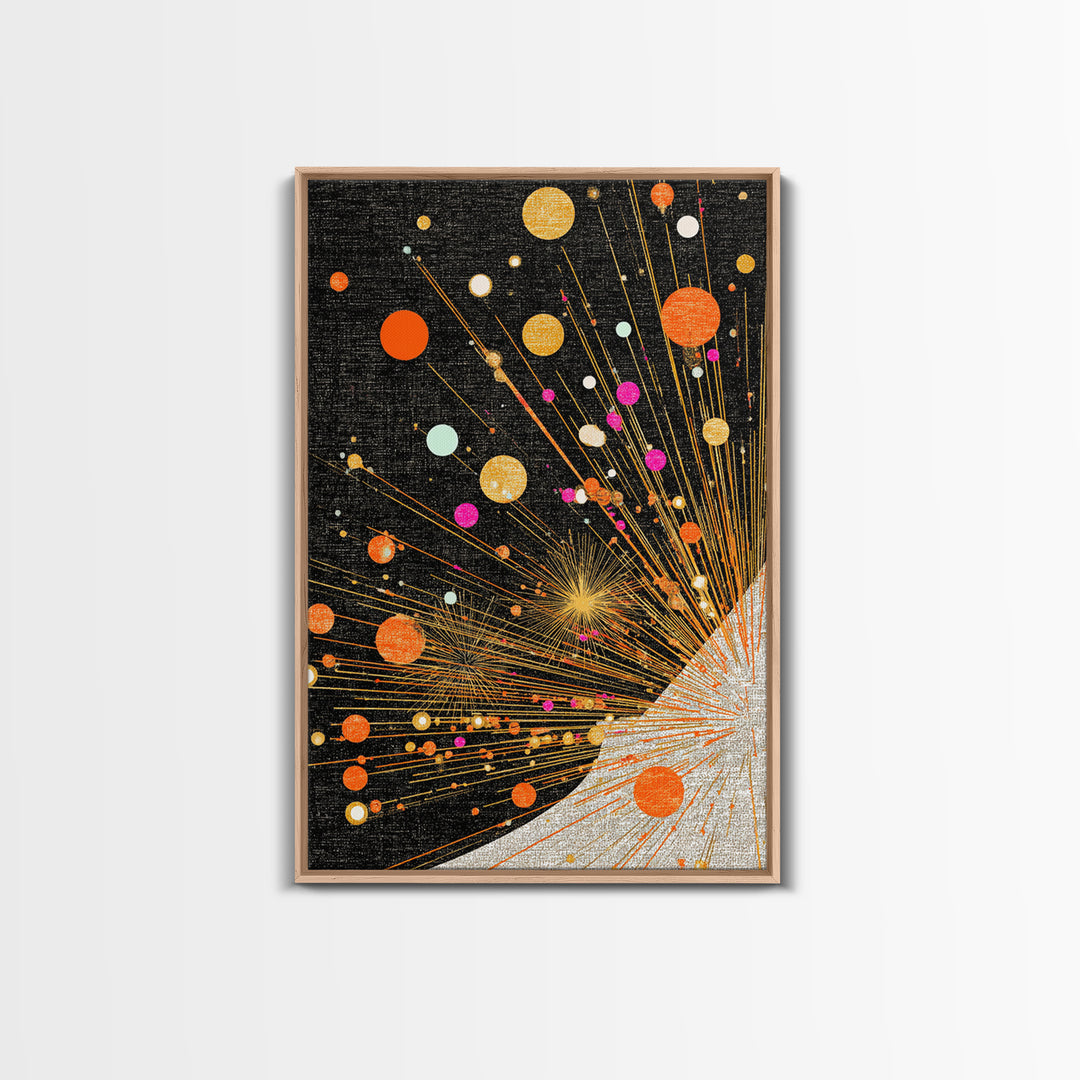Orange Planet Burst On Black Canvas Print, Midcentury Modern Wall Art, Atomic Retro Space Poster, Geometric Office Decor