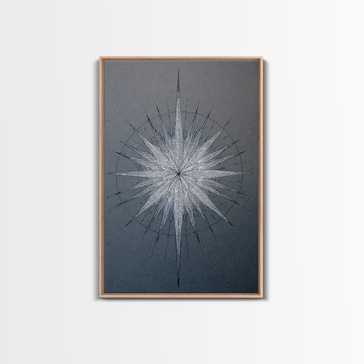 White Silver Radial Starburst Canvas Print, Midcentury Modern Art, Geometric Wall Art, Abstract Print, Blue Office Decor