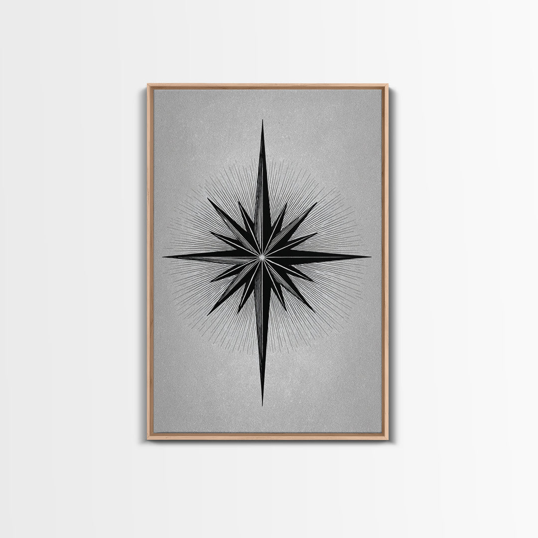 Black Compass Starburst Framed Canvas Print, Midcentury Modern Art, Geometric Wall Decor, Minimalist Art Print, Retro Decor