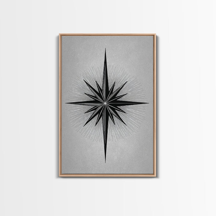 Black Compass Starburst Framed Canvas Print, Midcentury Modern Art, Geometric Wall Decor, Minimalist Art Print, Retro Decor