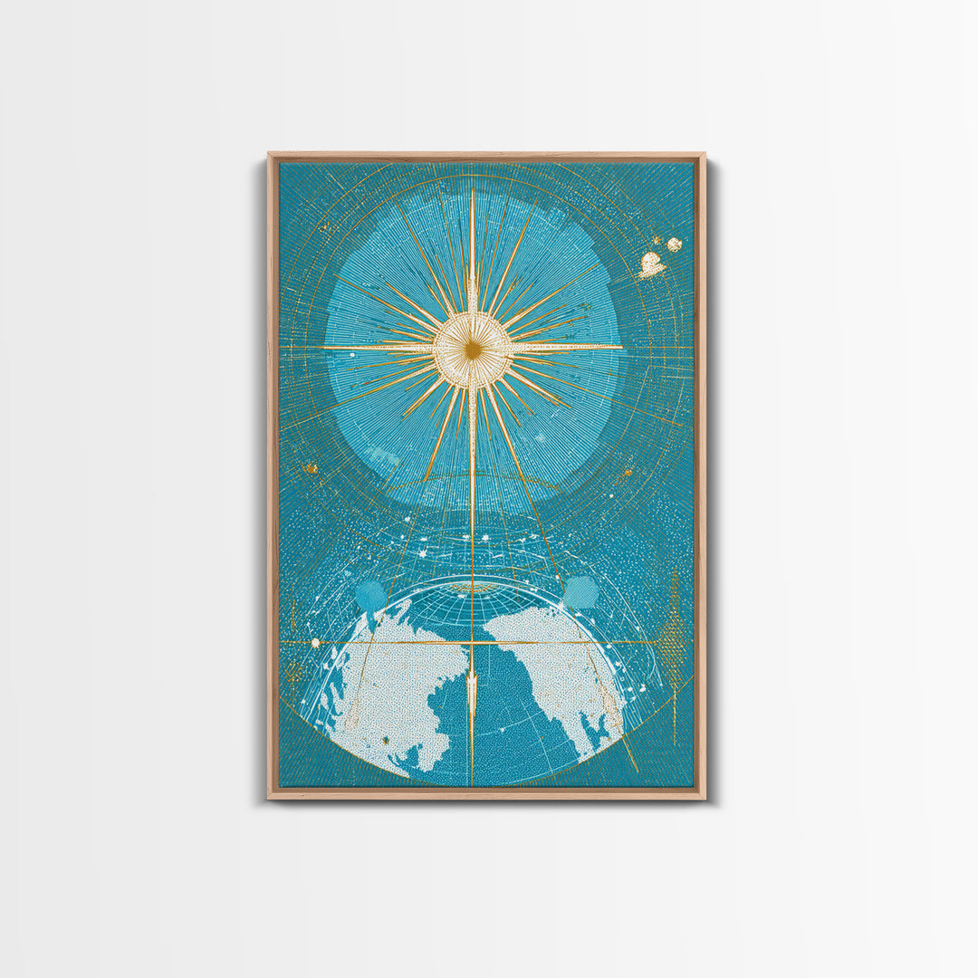 Turquoise Celestial Earth Sunburst Wall Art, Midcentury Modern Space Poster, Atomic Retro Map Print, Blue Office Decor Gift