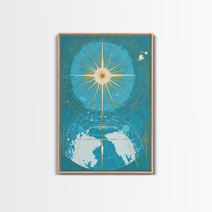 Turquoise Celestial Earth Sunburst Wall Art, Midcentury Modern Space Poster, Atomic Retro Map Print, Blue Office Decor Gift