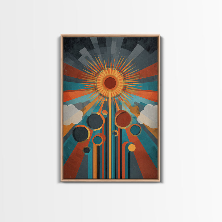 Geometric Solar Eclipse With Retro Planets Wall Art, Midcentury Modern Abstract Poster, Atomic Space Decor, Colorful MCM Print