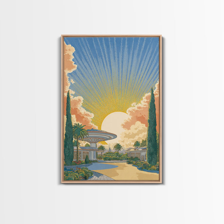 Futuristic Desert Resort Sunrise Wall Art, Midcentury Modern Architecture Poster, Palm Springs Decor, Retro Travel Print